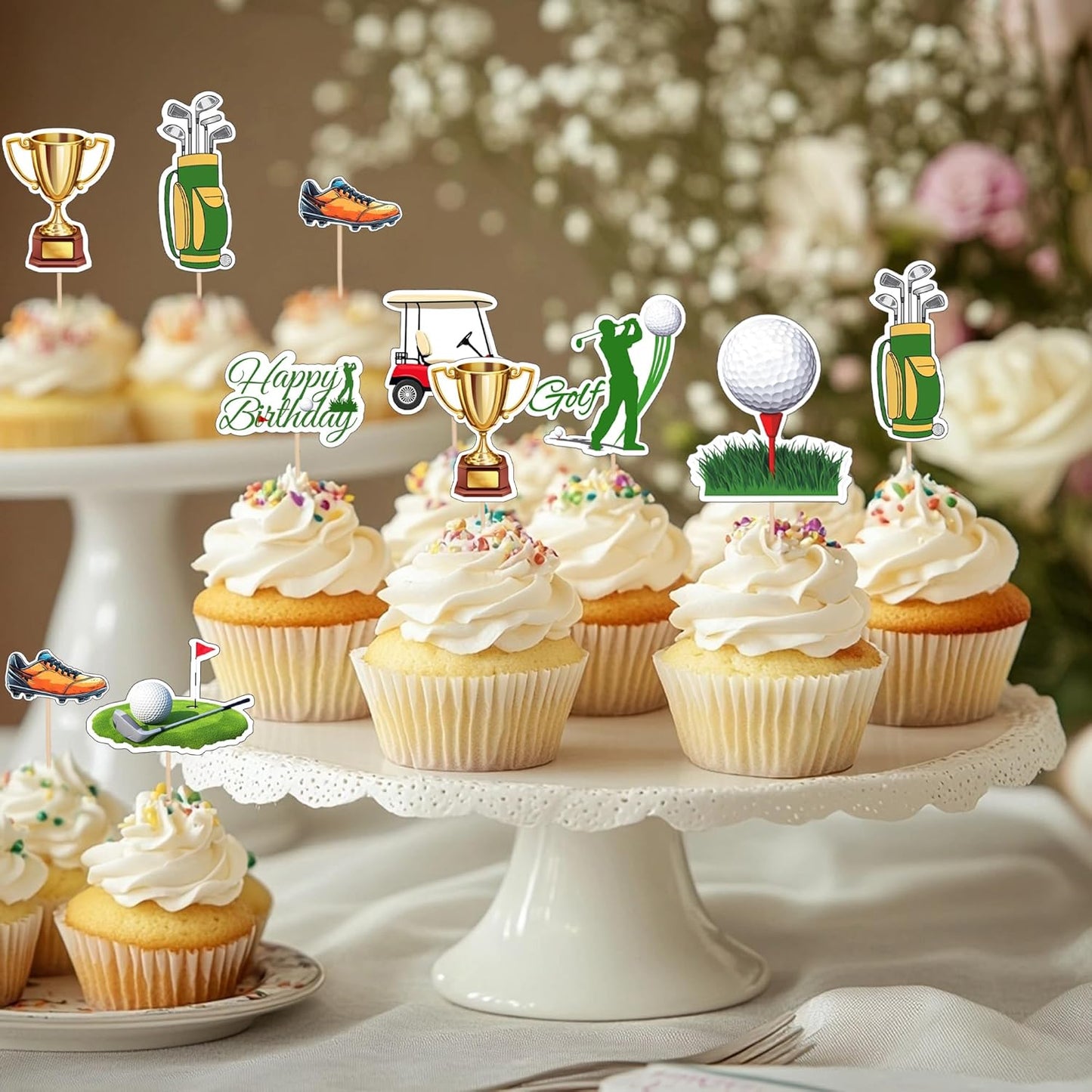 32 PCS Golf Cupcake Toppers Double Sided Trophy Golf Shoes Lawn Bag Ball Carts Cupcake Picks Sports Birthday Decorations for Sports Player Theme Baby Shower Kids Birthday Party Decoration Supplies