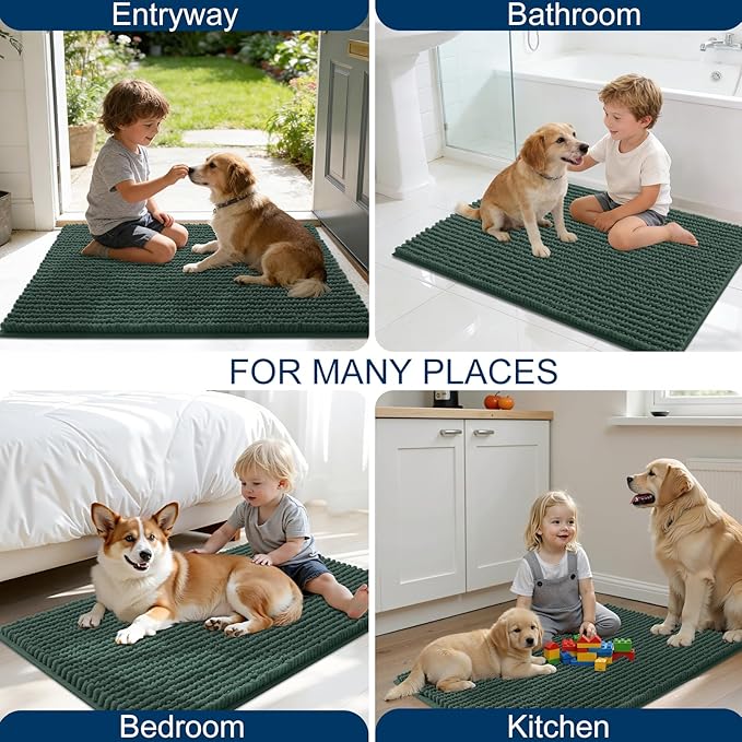 OLANLY Dog Door Mat for Muddy Paws 40x32, Ultra Absorbent Chenille Mud Doormat, Non-Slip Washable and Dirt Trapping Doormat for Indoor Entryway, Quick-Dry Indoor Pet Bed Mats for Dogs, Blackish Green