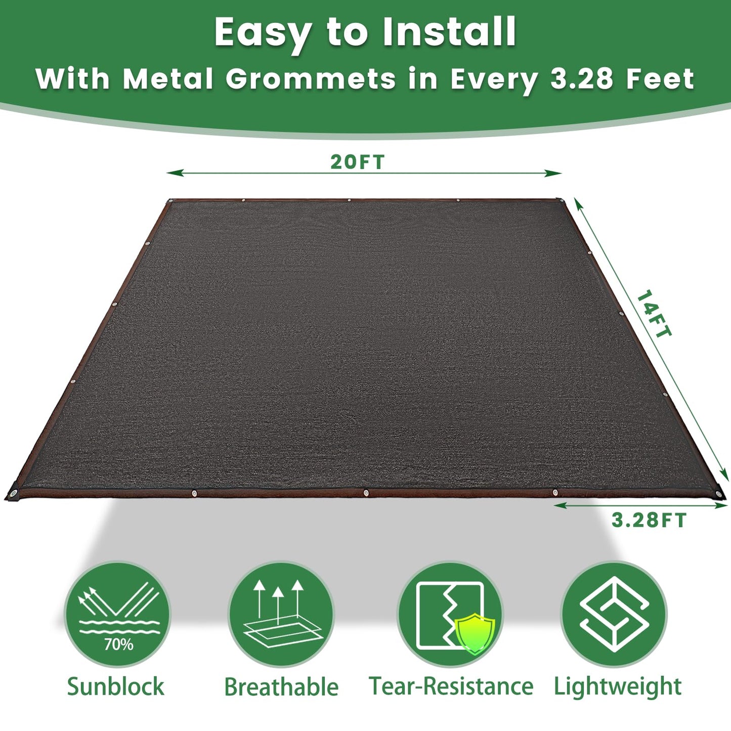 Homiton 70% Shade Cloth, 14FTx20FT HDPE Mesh Tarp with Reinforced Grommets, Outdoor Sun Shade Net for Greenhouse, Plants, Garden, Pergola, Patio, Chicken Coop (14FT*20FT)