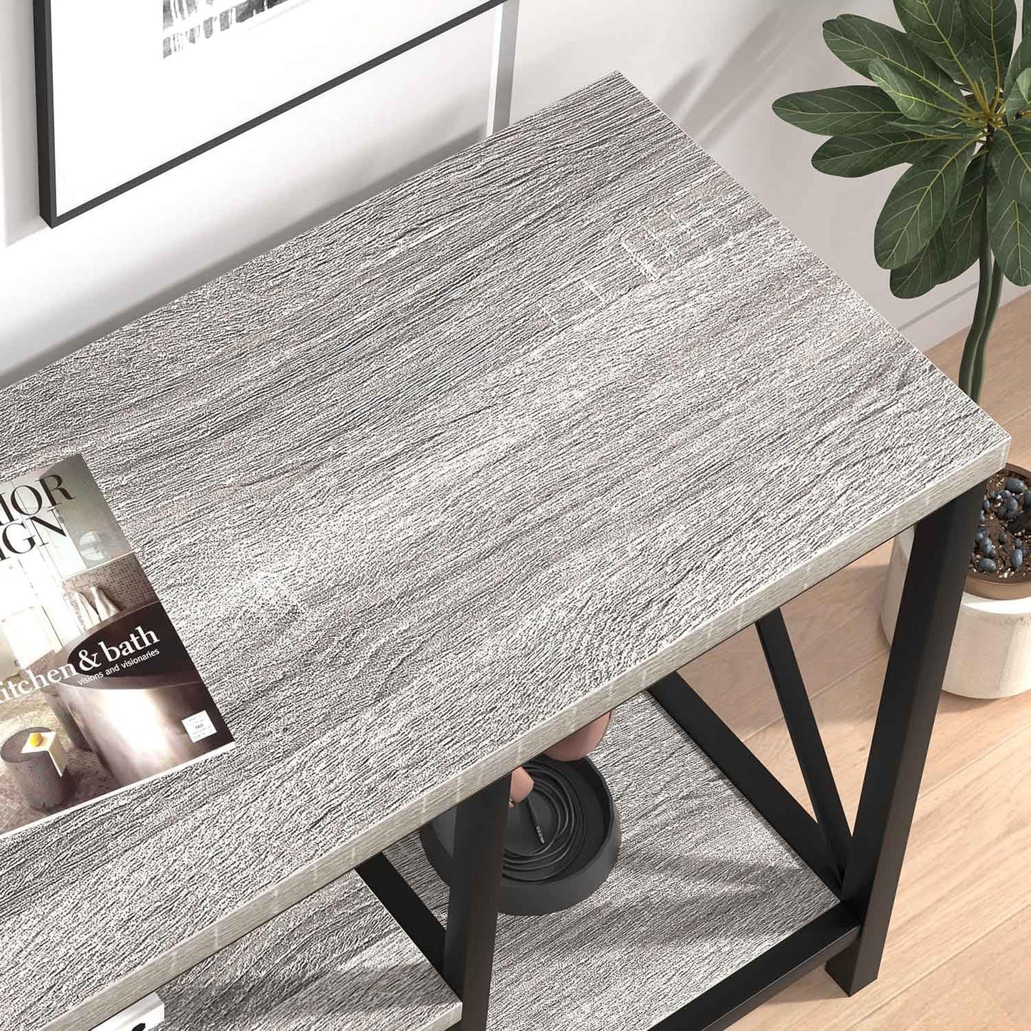 FOLUBAN Modern TV Stand for TVs up to 55 Inch, Rustic Wood Entertainment Center with Storage Shelves, Industrial Media TV Console and TV Table for Living Room Bedroom, 47 Inch Light Grey