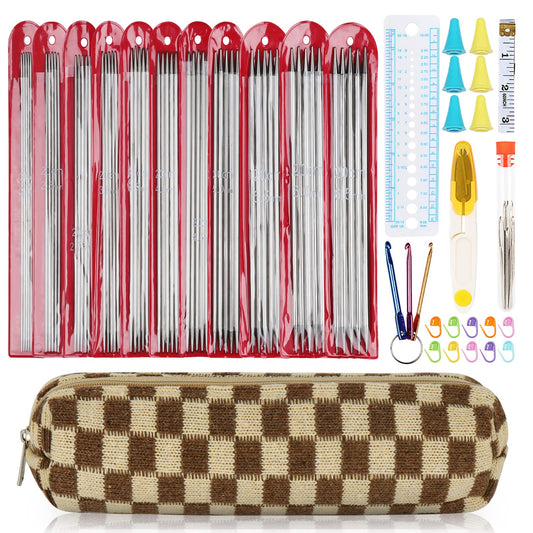 Aeelike 55pcs Double Pointed Knitting Needles - Short Knitting Needles Set Straight Knitting Needles Double Pointed for Beginners - 11 Sizes Stainless Steel Metal Knitting Needle Sets 2mm to 6.5mm