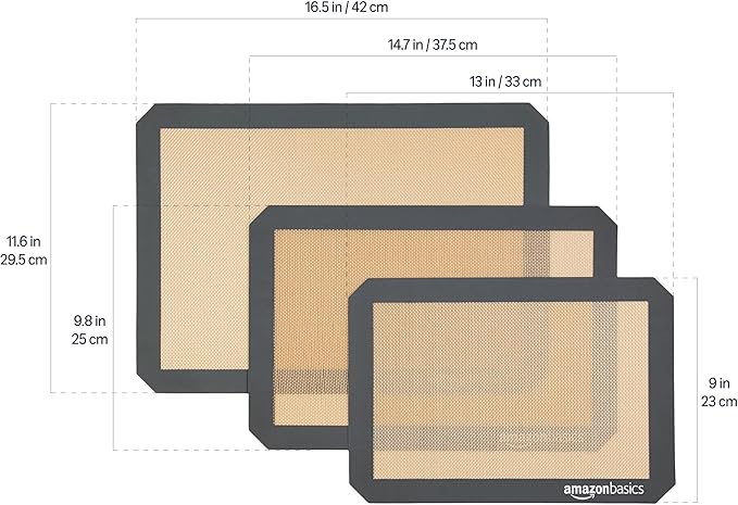 Amazon Basics Rectangular Silicone, Non-Stick, Food Safe Baking Mat, 9"x13", 9.9"x14.8", and 16.5"x11.6", Beige/Gray, Pack of 3