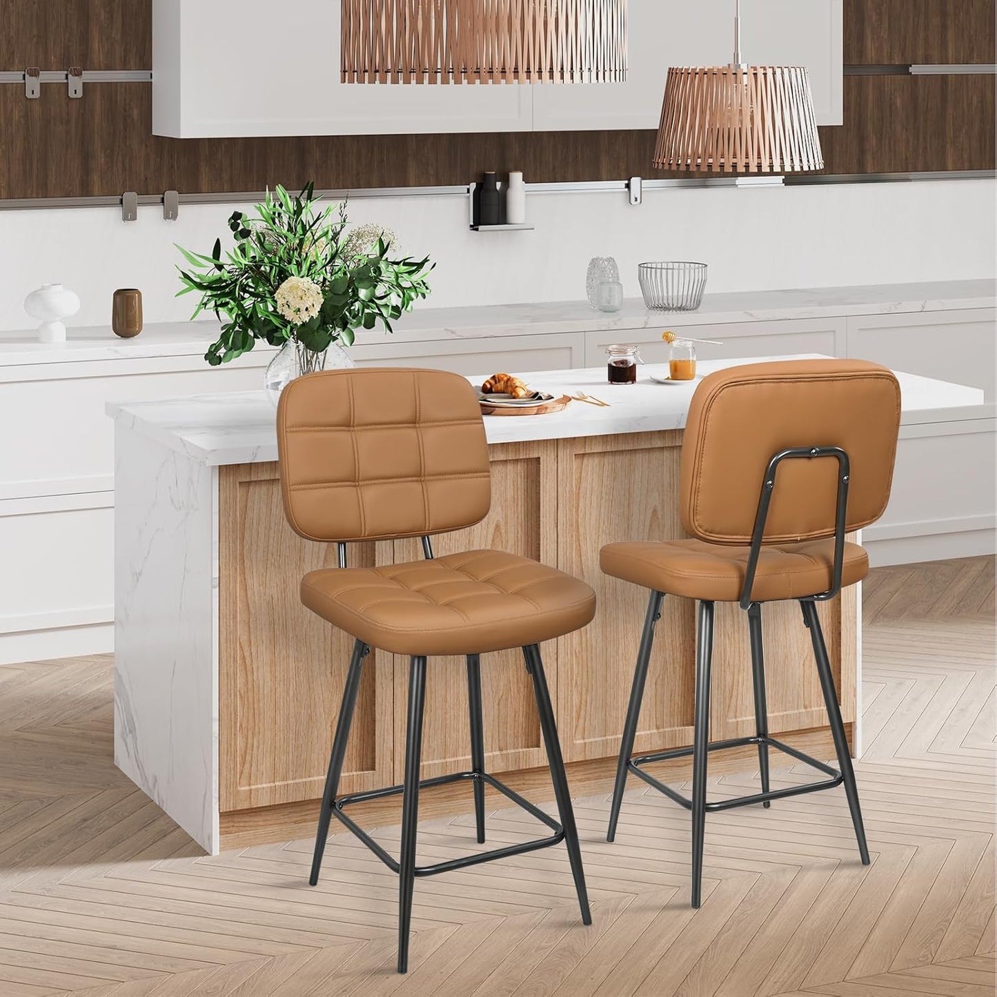 Bar Stools Set of 2, 24 Inch Upholstered Metal Barstool with Back and Footrest, Bar Chair with Metal Base for Dining Room Counter Island, Brown