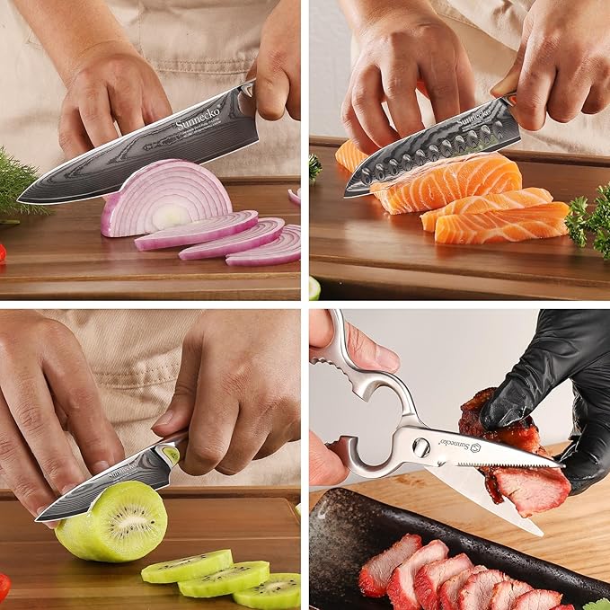 Sunnecko Damascus Kitchen Knife Set 4 Piece, Sharp Chef Knife Set with Kitchen Scissors, Professional Kitchen Knives Sets Full Tang with Gift Box
