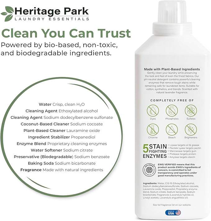 Heritage Park Luxury Laundry Detergent | Dermatologist Tested Plant based Natural & Enzyme Laundry Detergent | Sensitive Skin Friendly - Lavender Mist (32 fl oz)