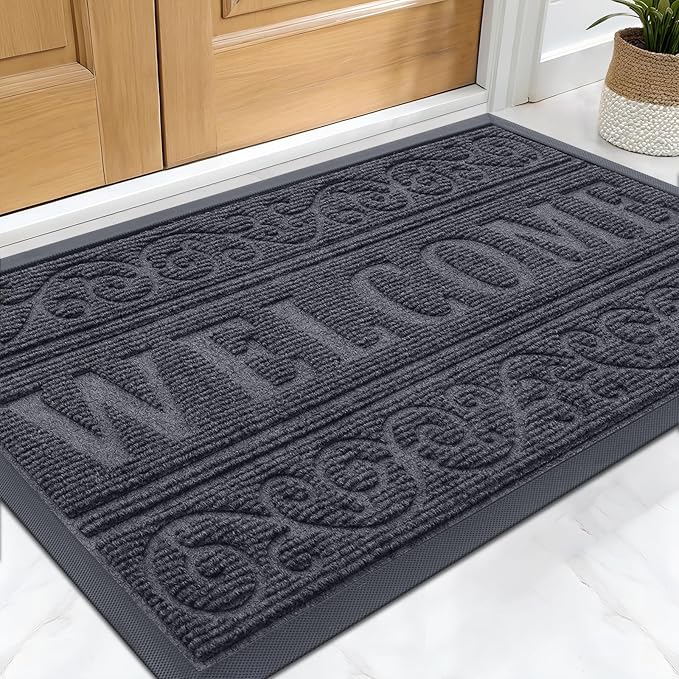 OLANLY Welcome Door Mat Indoor Outdoor Entrance, Heavy Duty Sturdy Front Door Mat, Waterproof All-Weather Doormat, Stain Resistant, Low Profile, Easy Clean Patio Entryway Mat, 47 x 24, Medium Grey
