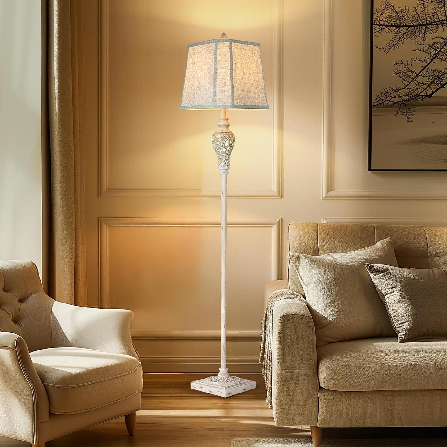 Rustic Floor Lamp 65'' Tall with Nightlight Cut Corner Linen Fabric Shade Vintage Standing Lamp for Living Room, Bedroom, Office, House (Bulb Included)
