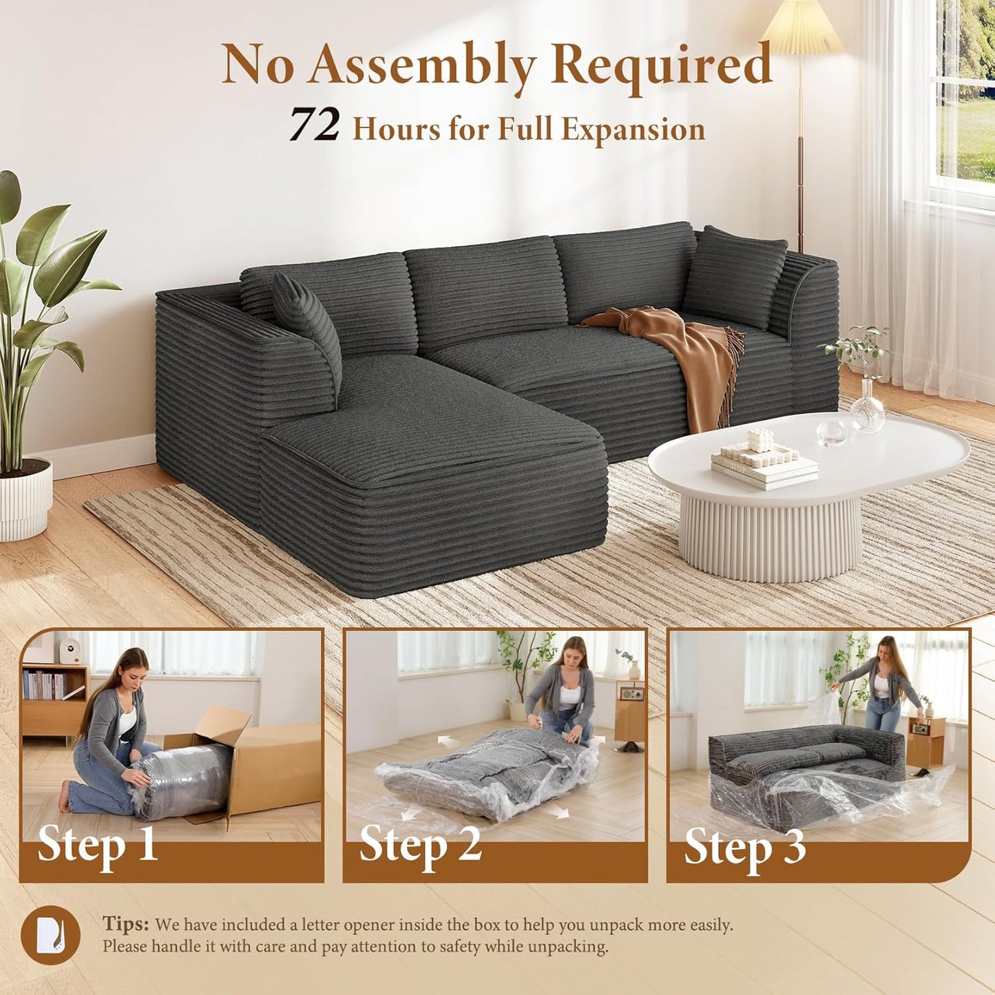Vesgantti 106" Boneless Couch with Chaise, Deep Seat Comfy Cloud Modular Sofa Corduroy Memory Foam Sectional Couches for Living Room Bedroom, No Assembly Required (Grey, Left-Facing Chaise)