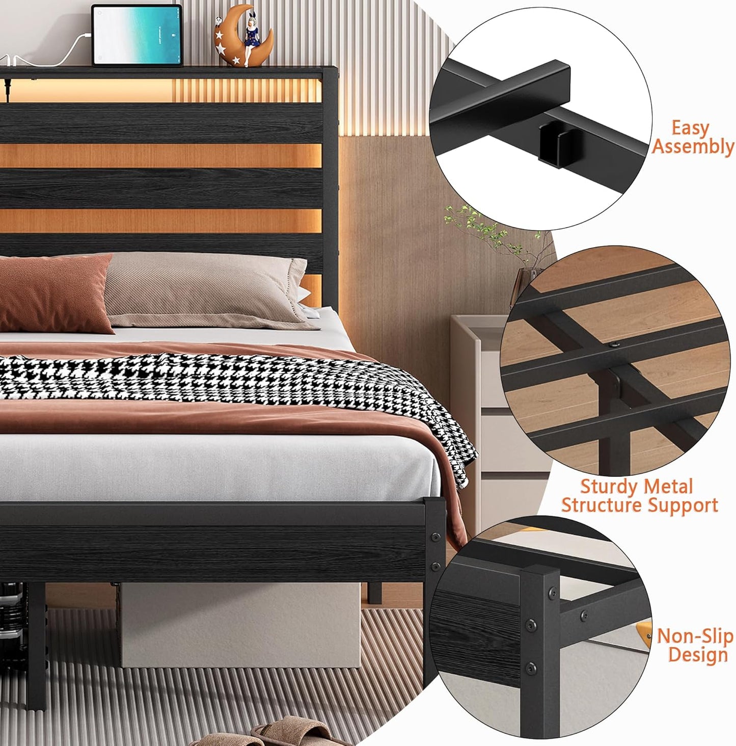14 Inch Classic Metal Platform Bed Frame-Twin Bed Frame with Headboard,Steel Slats Support-LED Bed Frame with USB Charging Station,Under Bed Storage,No Box Spring Needed,Noise Free