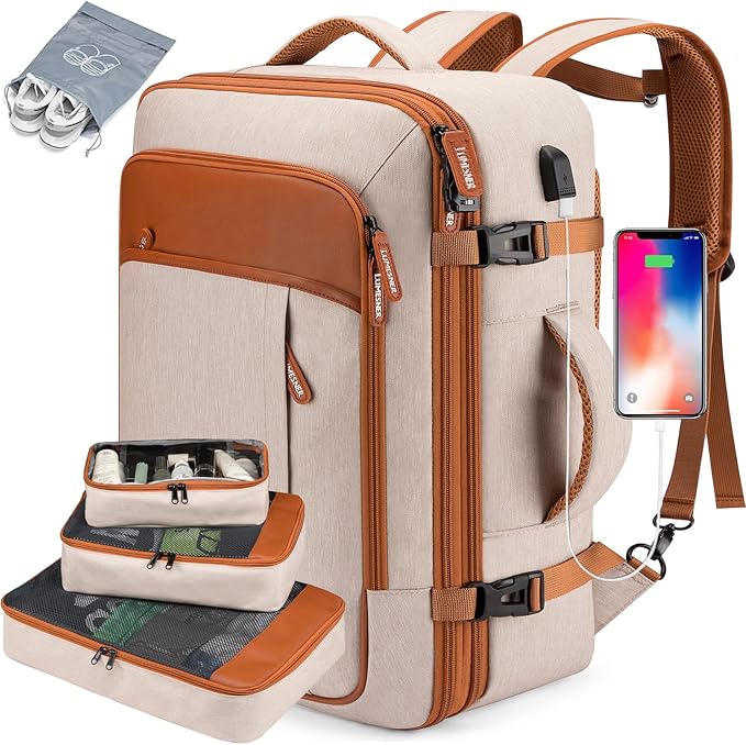 Lumesner Carry on Travel Backpacks, Extra Large 40L Flight Approved Bag for Men & Women,Expandable Suitcase Backpack With 4 Packing Cubes,Water Resistant Luggage Daypack Business Weekender Bag, Beige