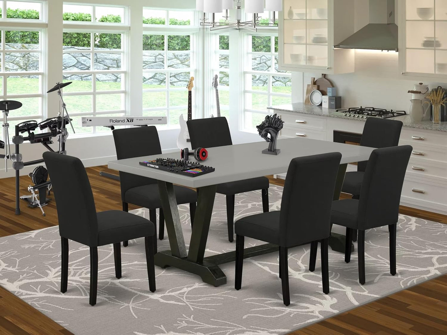 East West Furniture V697AB624-7 7 Piece Modern Dining Table Set Consist of a Rectangle Wooden Table with V-Legs and 6 Black Color Linen Fabric Upholstered Chairs, 40x72 Inch, Multi-Color