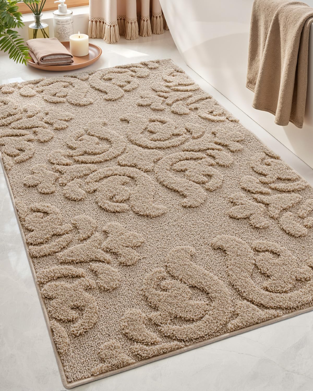 DEXI Bathroom Rug 24x43, Non Slip Washable Bath Mat for Shower Floor, Absorbent Soft Bathmat with Rubber Backing, Plush Fluffy Microfiber Floral Retro Carpet, Beige