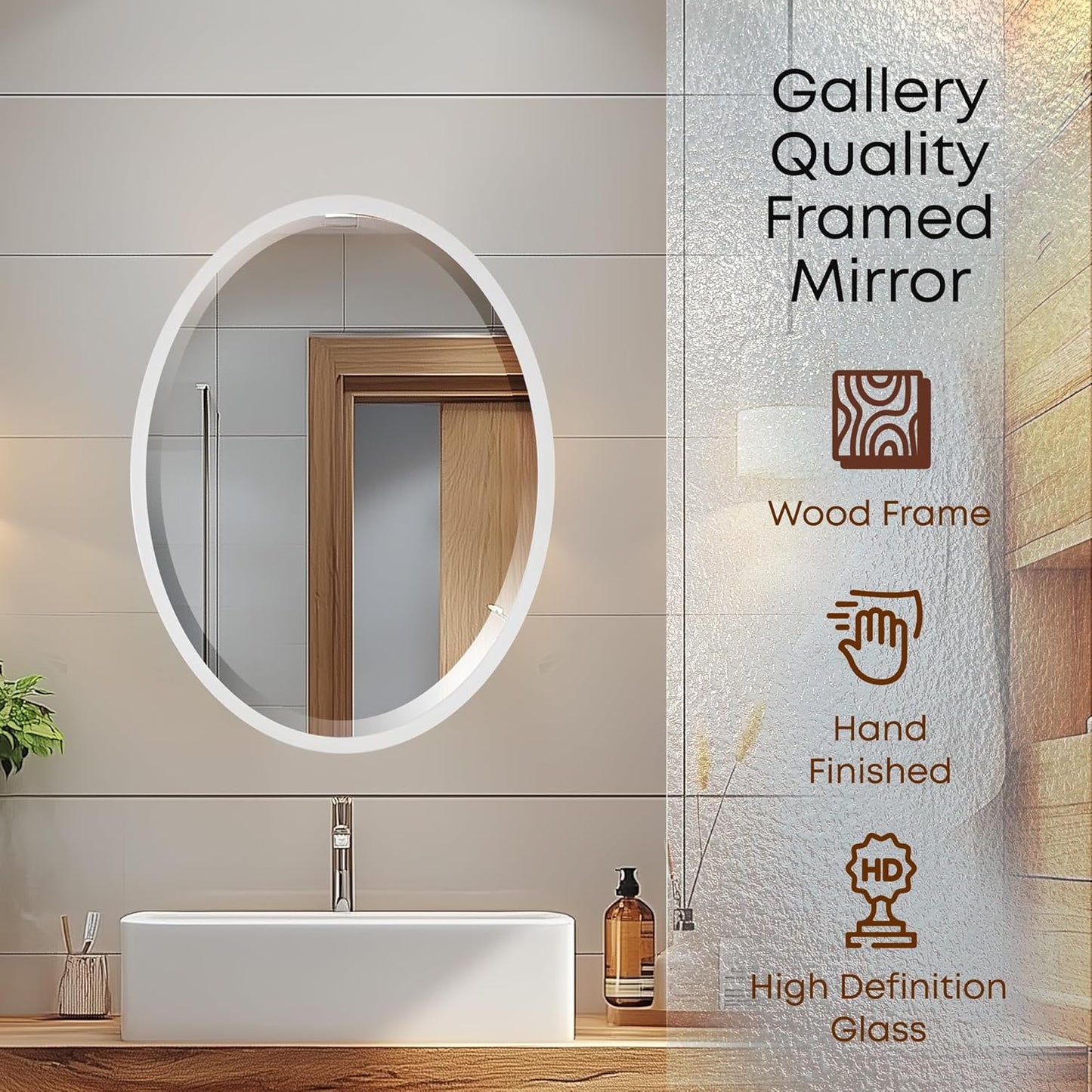 OVALCREST - Oval Wooden Beveled Wall Mirror for Home Decor, Bathroom, Vanity, Bedroom, Living Room, Hallway - London Style (Linen White) 19.1 x 25.1