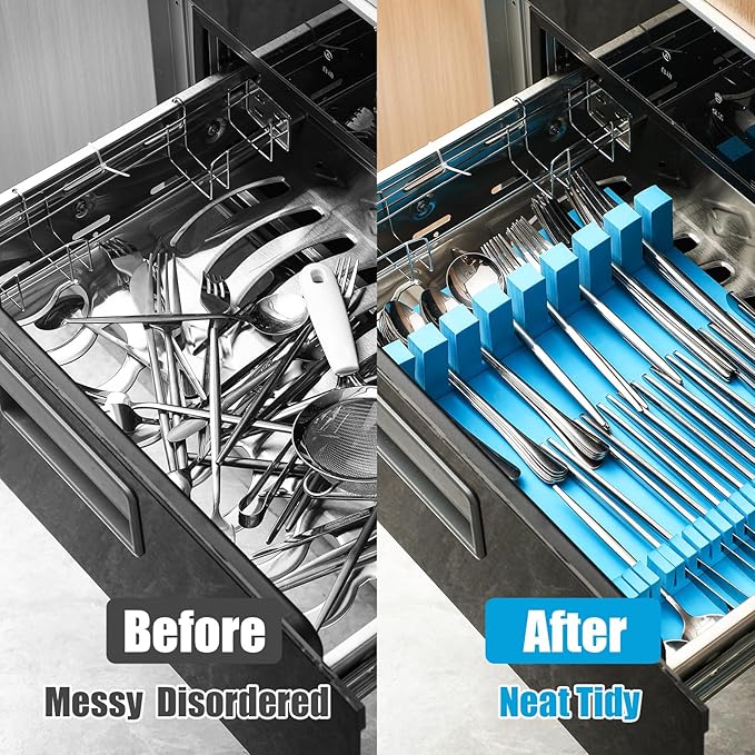 Zippered Flatware Storage Drawer Liner Silverware Storage Bag Tarnish Preventative Silver Organizer Cutlery Case Container Box Large Capacity Silverware Chest 15.75" x 11.02" x 3.94"(Blue)