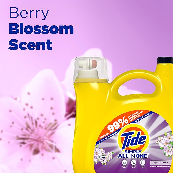 Tide Simply All-In-One Liquid Laundry Detergent, Berry Blossom Scent, 138 Loads, 182 fl oz (Pack of 4)