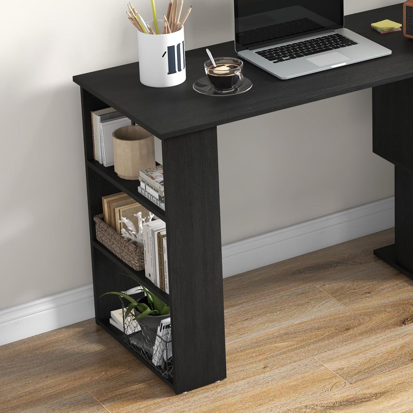 HOMCOM L Shaped Desk, Corner Computer Desk, 360 Degree Rotating Home Office Desk with Storage Shelves, Writing Table Workstation, Black