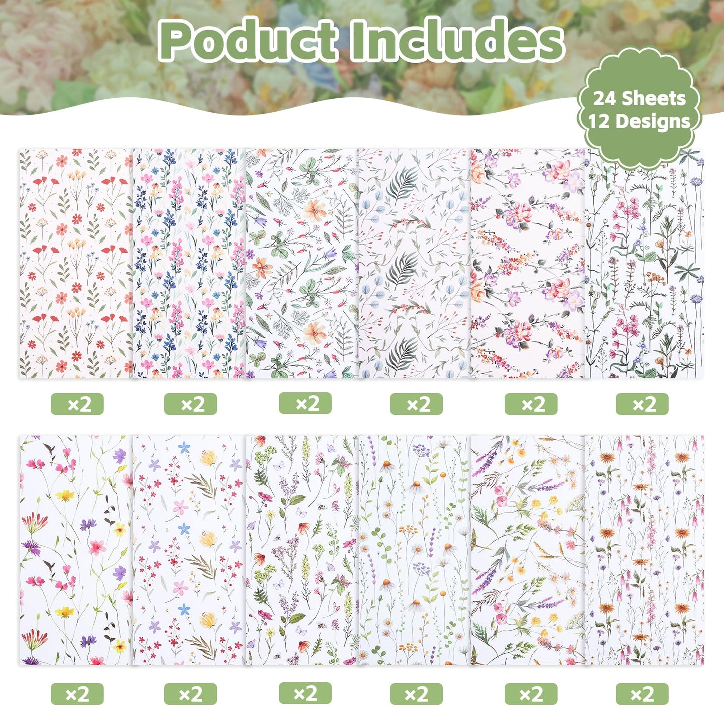 24 Sheets Floral Scrapbook Paper, Double Sided Patterned Scrapbook Paper, Wildflower Decorative Cardstock for DIY Crafts, Card Making, Photo Album, Junk Journal（12 x 12 Inch)