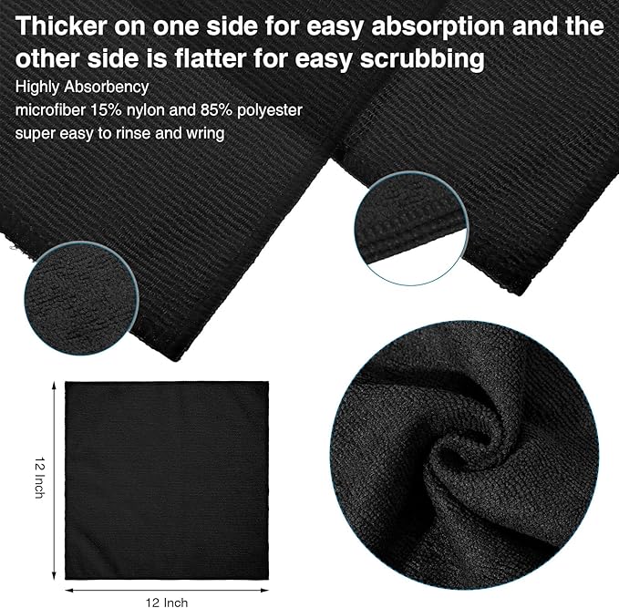 Macarrie 200 Pieces Microfiber Cleaning Cloths Bulk Absorbent Microfiber Towels Reusable Lint-Free Streak Free Wash Rags for House Kitchen Office Restaurants Bar Shop Car, 12 x 12 Inches (Black)