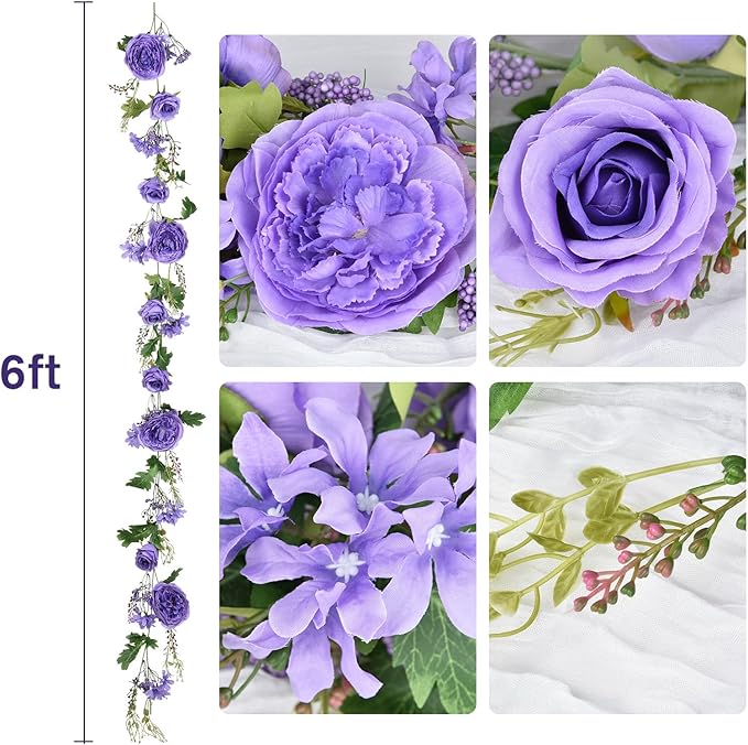 DearHouse Artificial Peony Flower Garland - 6ft/Strand Silk Peony Garland with Pink Flowers for Wedding Party Table Decoration,Deep Ruby (Purple)