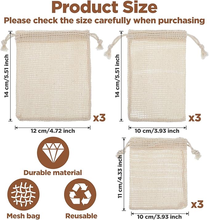 9 PCS Reusable Mesh Produce Bags Cotton Mesh Vegetable Bags for Refrigerator Potato Storage Bag Reusable Double Stitched with Drawstring Produce Bag for Vegetables Fruit Grocery Shopping(3 S/M/L)
