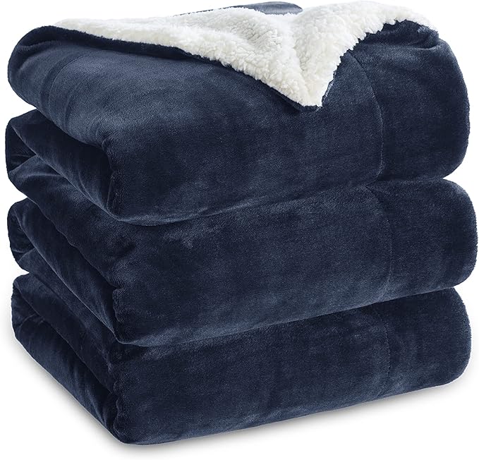 Bedsure GentleSoft Sherpa Fleece Blankets Queen Size for Bed - Thick and Warm Throw for Women and Men, Soft Fuzzy Plush Queen Blanket for Winter, Non-Heated, Navy, 90x90 Inches