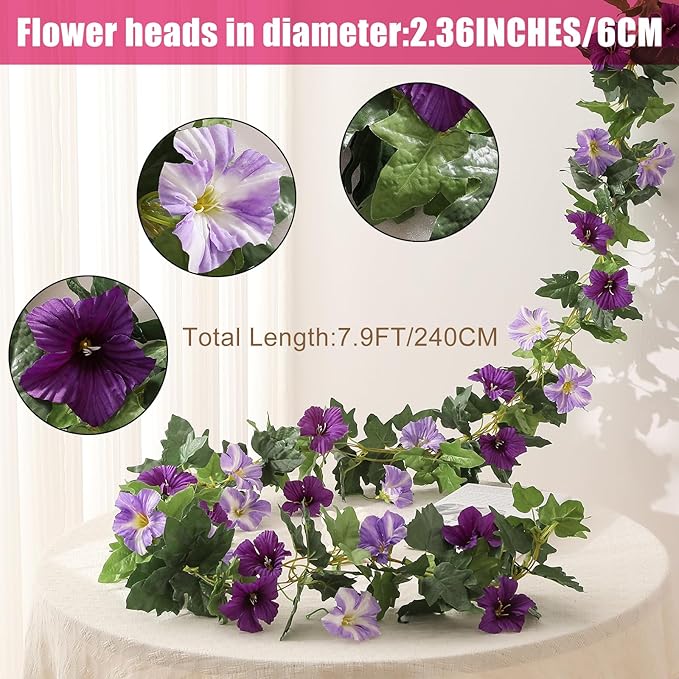 Floweroyal 4 Pack Artificial Flower Garlands 15.8FT Fake Morning Glory Vines Silk Flowers Hanging Garland Ivy for Wedding Arch Party Home Garden Wall Decor (Purple)