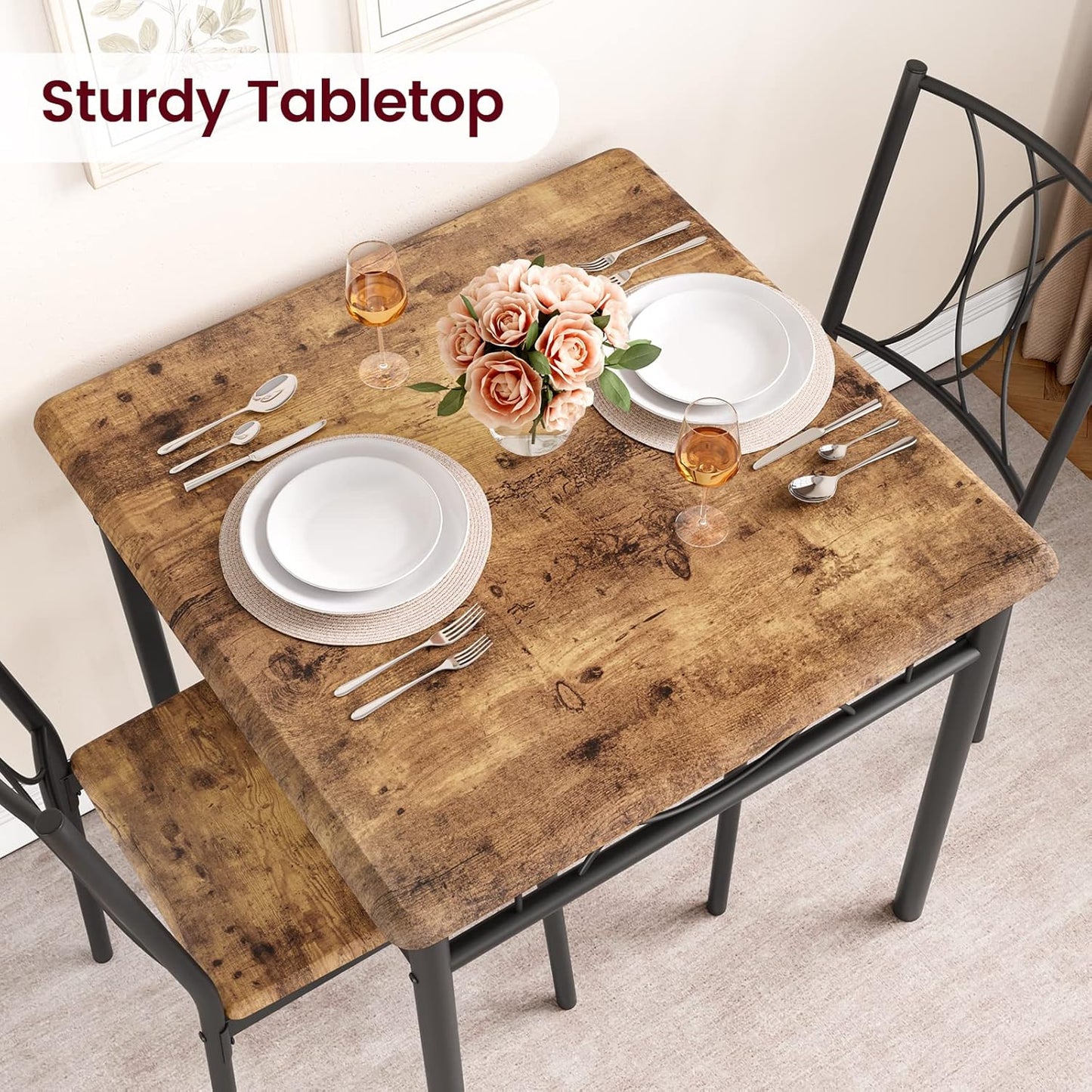 CABIHOME Dining Table Set for 2, 3 Piece Kitchen Table Set for 2, Square Kitchen Table Set of 2, Dining Table Set for Small Space, Apartment, Dining Room, Retro Brown