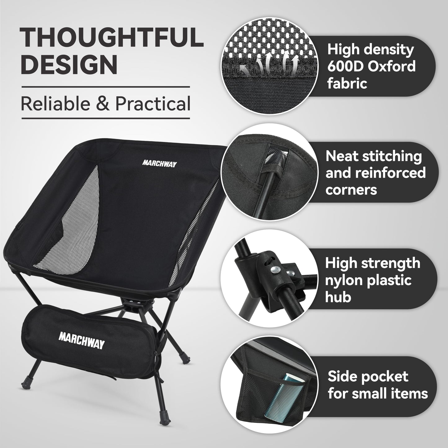 MARCHWAY Lightweight Folding Camping Chair, Portable Foldable Compact for Outdoor Camp, Travel, Beach, Picnic, Festival, Hiking, Backpacking, Supports 330Lbs (Black)
