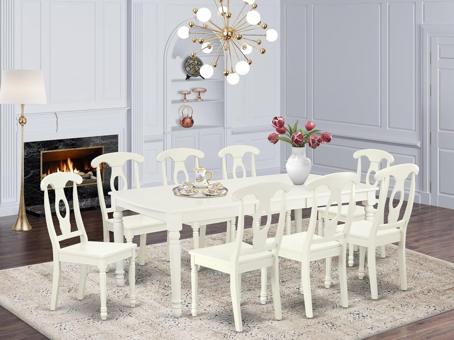 East West Furniture DOKE9-LWH-W 9 Piece Dining Set Includes a Rectangle Dining Table with Butterfly Leaf and 8 Kitchen Chairs, 42x78 Inch, Linen White
