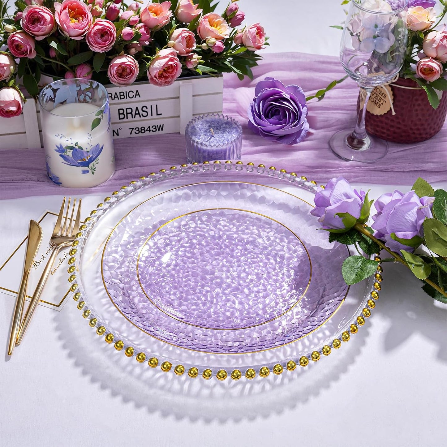 Rubtlamp 100Pcs Purple Gold Plastic Plates, Purple Disposable Plates With Gold Rim, Hammered Plastic plates Include 50 Clear Dessert Platos, 50 Dinner Platos for Party