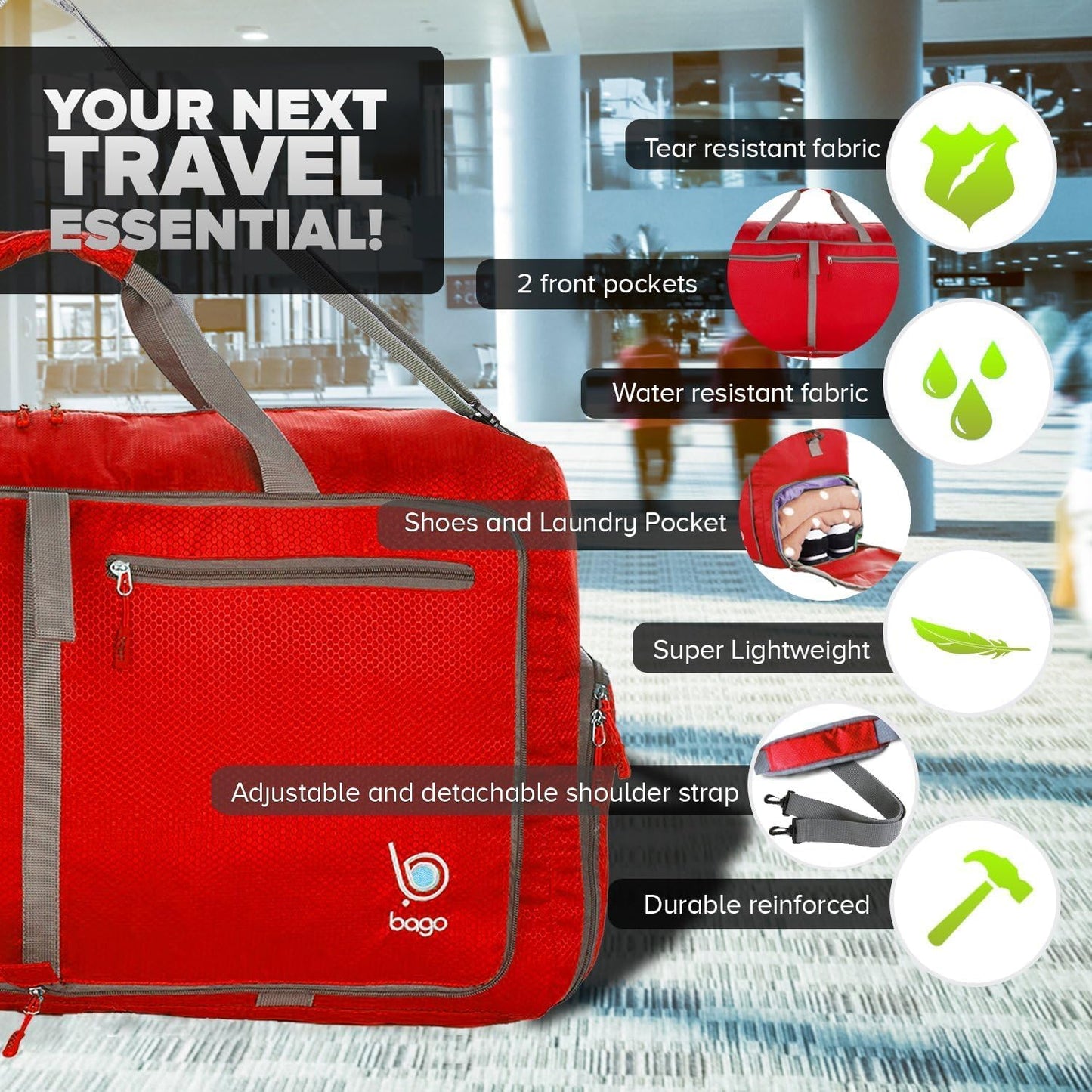 Bago Foldable Duffel Bags for Traveling Women & Men - 60L Medium Packable Duffle Bag for Travel with Shoe Compartment - Water Repellant, Heavy Duty, Lightweight Folding & Collapsible (Red)