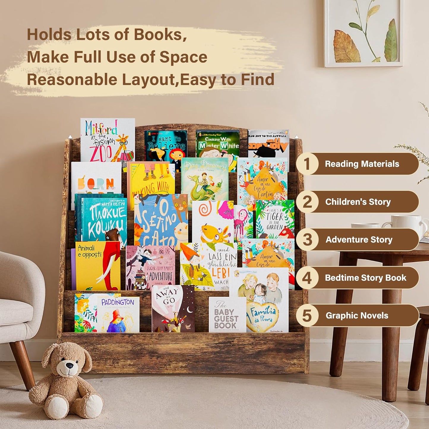 TOETOL 5-Tier Kids Bookshelf - Toddler Book Display Shelves for Classrooms, Playrooms, and Nursery - Wooden Children Book Rack (Rustic Brown)