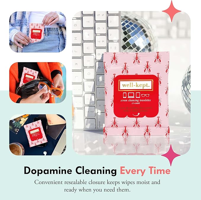 Well-Kept Tech & Lens Wipes - Eyeglass, Screen & Phone Cleaning, Multi-Surface, Lint-Free, Pre Moistened, Streak-Free & Non Scratching - Lobsterfest, 6 Pack (90 Count)