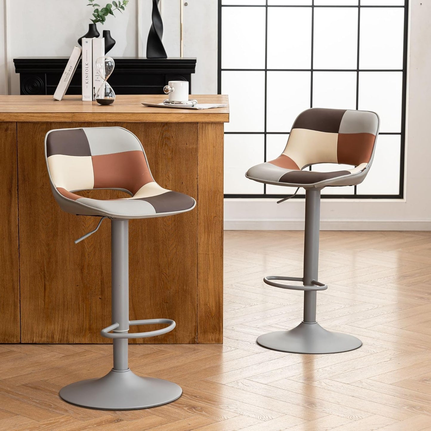 YOUNIKE Bar Stools Set of 2, Boho Colorful Patchwork Faux Leather Barstools, Adjustable Swivel Counter Height Bar Stool Upholstered Counter Stools with Hollow Back for Kitchen Island, GreyBeige