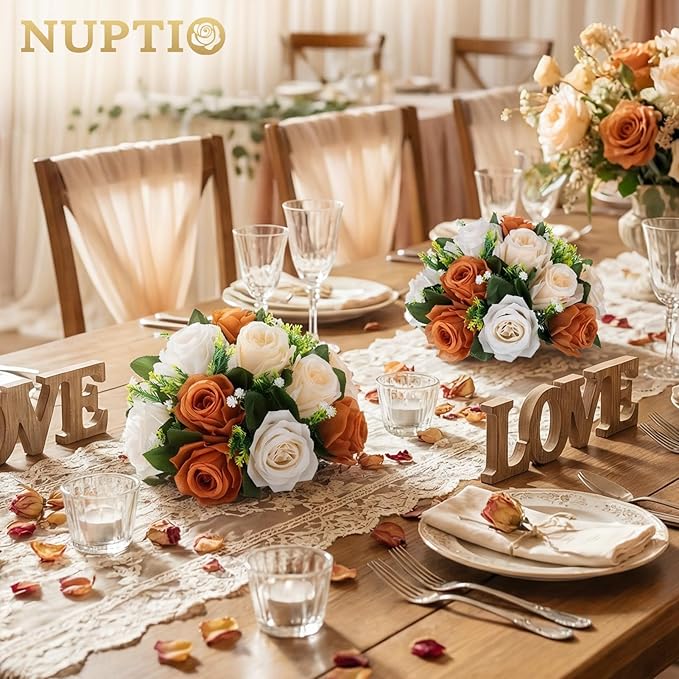 NUPTIO Terracotta Flower Ball Centerpieces: Artificial Rose Kissing Balls for Wedding Party Tables - 2 Pcs Faux Silk Floral Arrangements for Fall Home Thanksgiving Event Dining Decorations