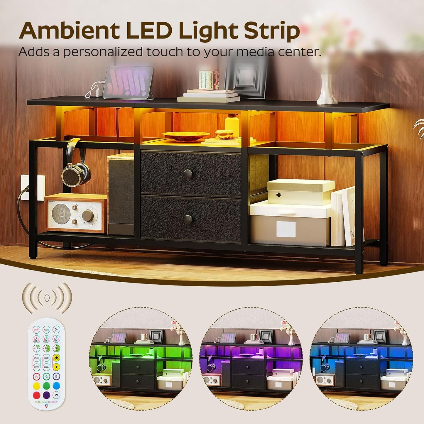 TV Stand with LED Light and Power Outlets, Entertainment Center with Fabric Drawers and Open Shelves, 41.7" TV Cabinet for TVs up to 45 Inch, Media Console for Living Room, Bedroom, DS03UDBB