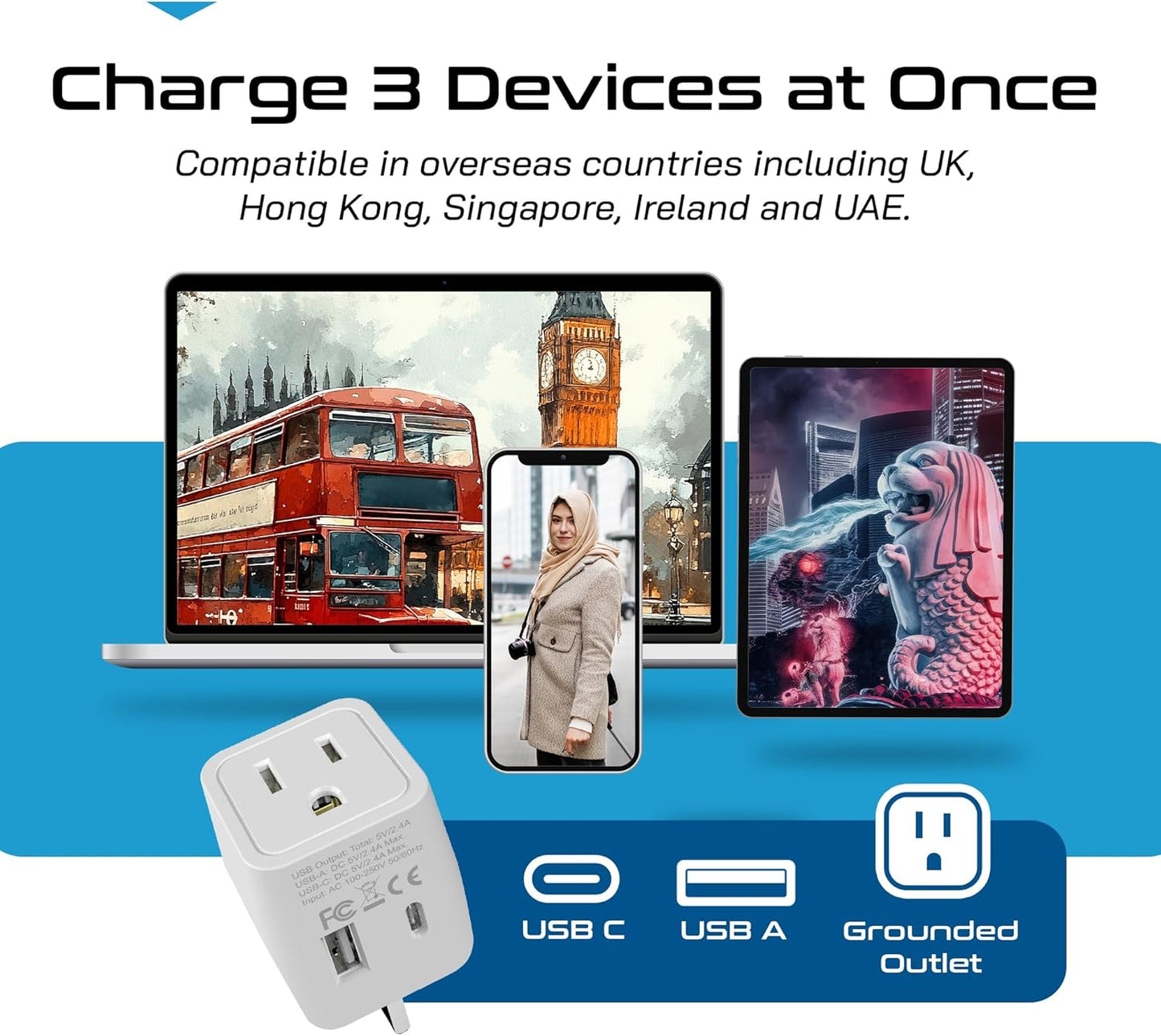 Ceptics UK adapters for travel to London, Hong Kong, Ireland - USB-A + USB-C & USA Input - Type G Adapter Grounded - Ideal for Phone, Laptop, Cameras