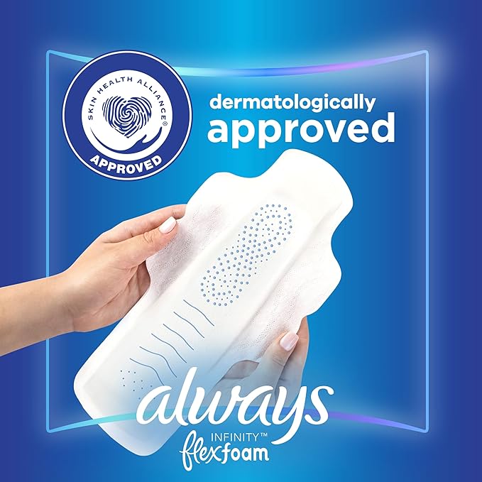 Always Infinity Feminine Pads for Women, Flexfoam Pads with Wings, Size 4, Overnight Absorbency, Unscented, 38 Count