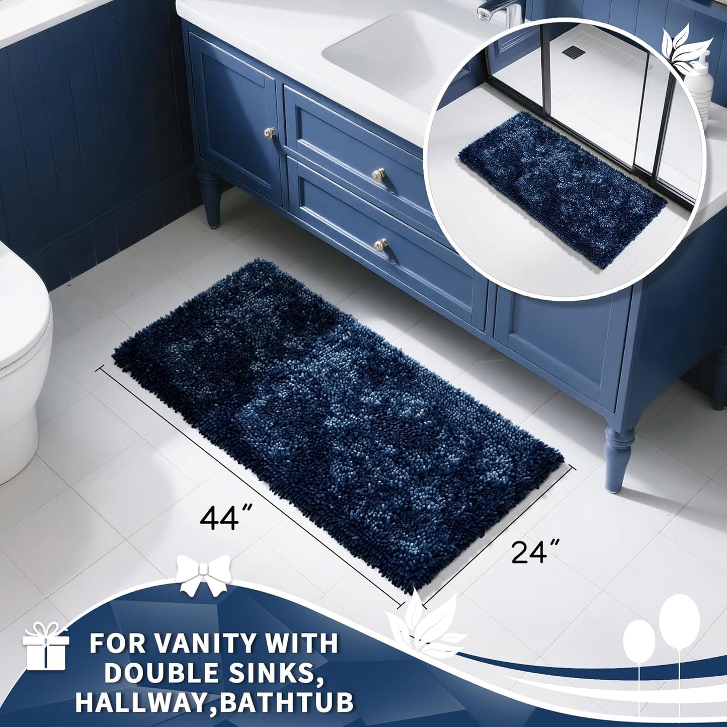 Yimobra Long Bathroom Rug Non Slip 44x24 Inch, Extra Thick Soft Absorbent Chenille Bath Mat, Machine Washable Quick Dry Bath Rugs for Bathroom Floor, Tub and Shower, Home Decor Accessories, Navy Blue
