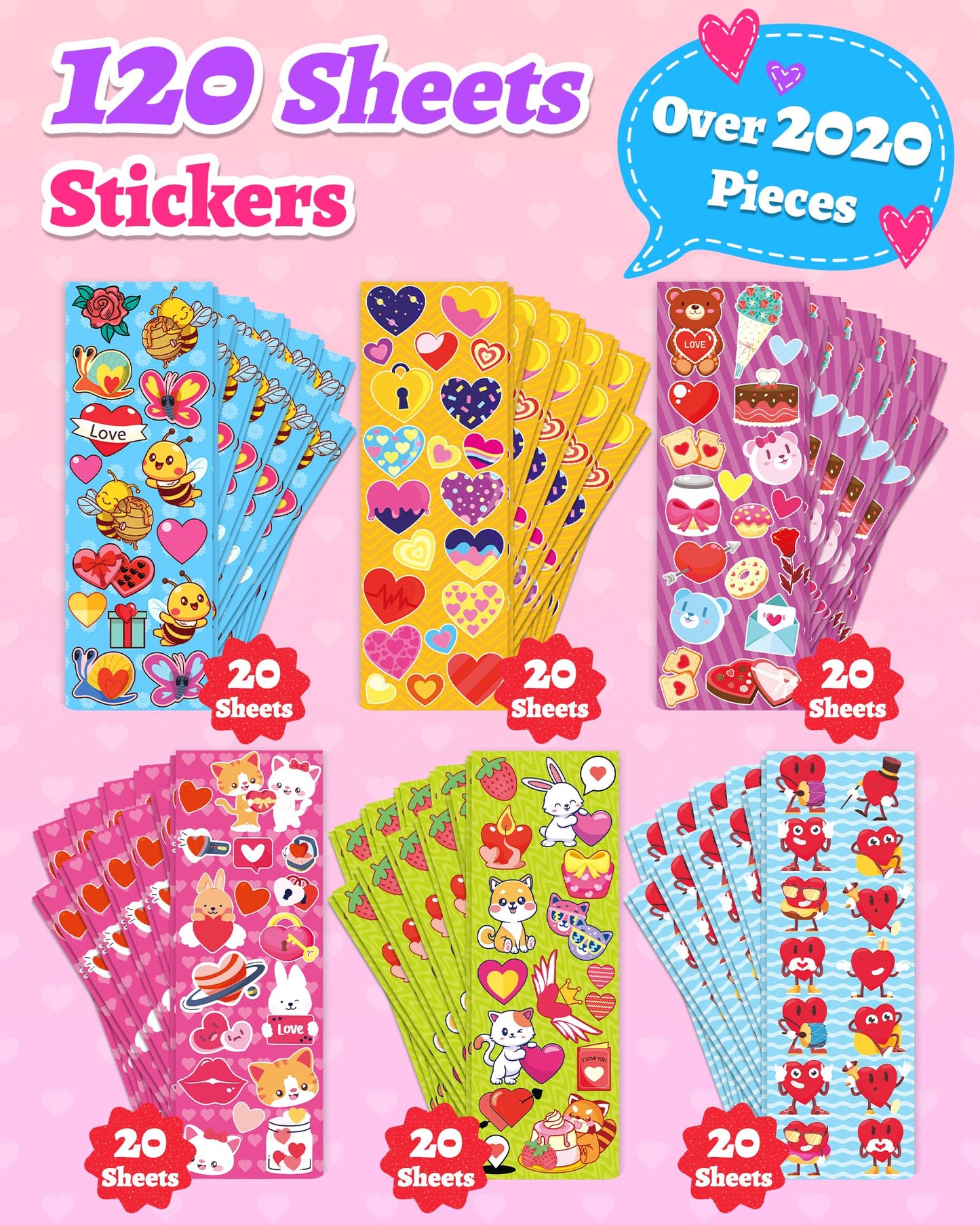 2020 PCS Valentines Day Stickers for Kids, 120 Sheets Heart Love Stickers, Valentines Crafts Gifts Goodie Bags Party Favors for Kids Classroom