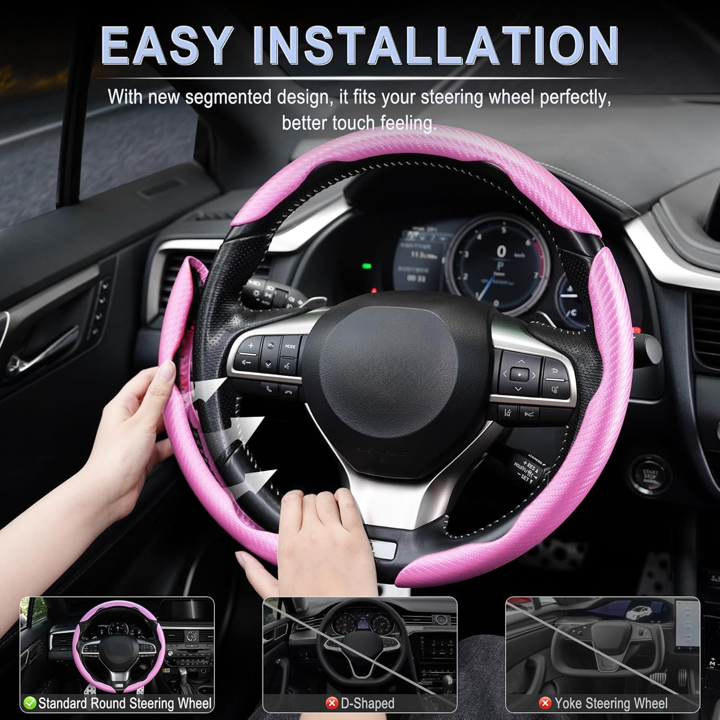 Amiss 3pcs Carbon Fiber Anti-Skid Steering Wheel Cover, Segmented & Butterfly Design, Universal 99% Car Wheel Cover Protector, Pink