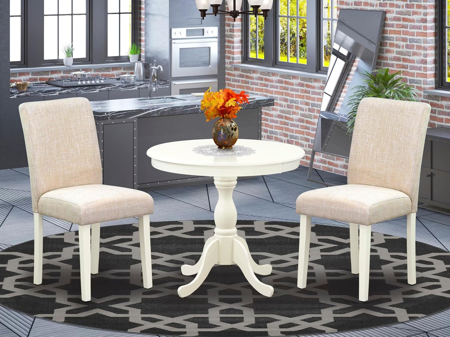 East West Furniture AMAB3-LWH-02 3 Piece Dining Room Furniture Set Contains a Round Dining Table with Pedestal and 2 Light Beige Linen Fabric Upholstered Chairs, 36x36 Inch, Linen White