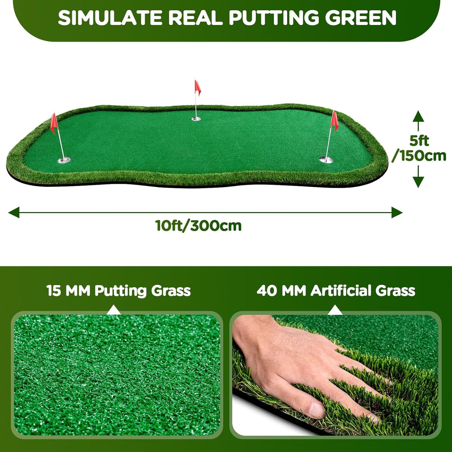 Golf Putting Green Indoor Outdoor Putting matt Professional Training Mat Practice Putting Mat with 3 Flags 1 Movable Cup 2 Slope Pad 5x10ft
