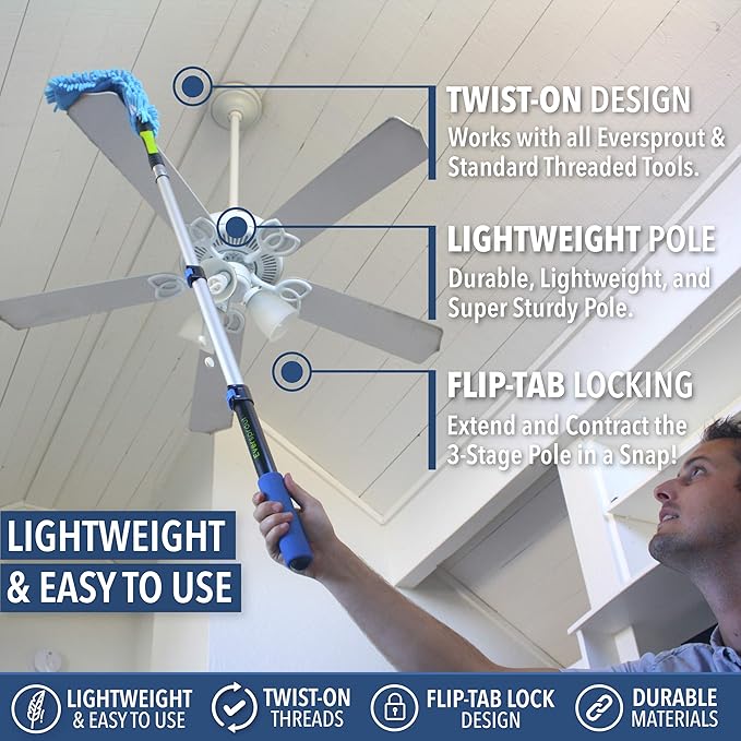 EVERSPROUT 1.5-to-3 Foot Telescopic Extension Pole | Lightweight Sturdy Aluminum Handle | Easy to Use Flip-Tab Lock Mechanism | Twist-On Metal Tip Works for Squeegee, Duster, Paint Roller (Pole only)