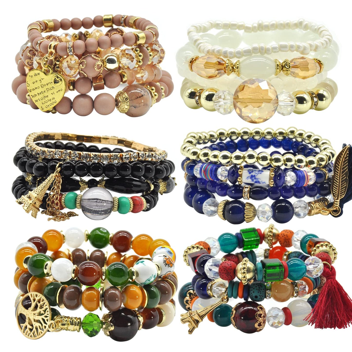 Bohemian Bracelet Sets for Women 6 Sets Stackable Stretch Multi-color Boho Hippie Dainty Jewelry Best Friend Gift (Bead bracelet set for women)