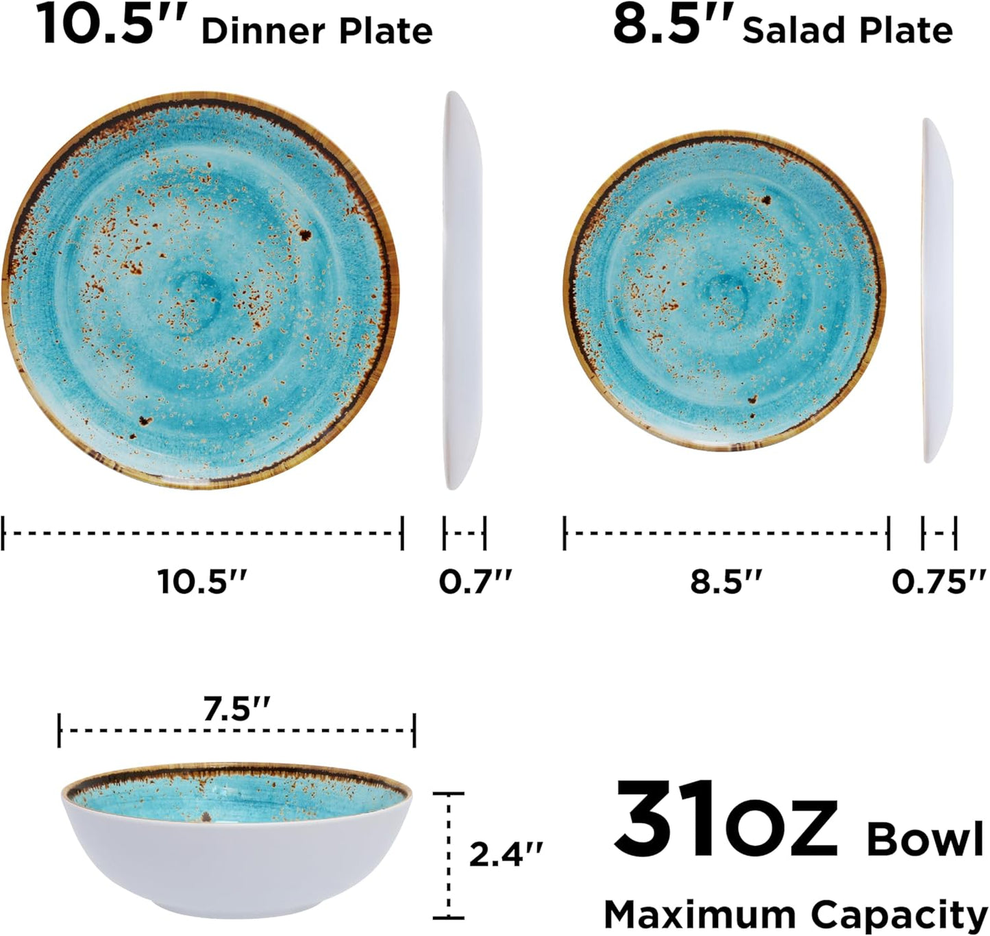 TP 12-Piece Dinnerware Set, Melamine Dishes Set with Bowls and Plates, Non-breakable and Lightweight Dinner Service for 4, Turquoise Swirl