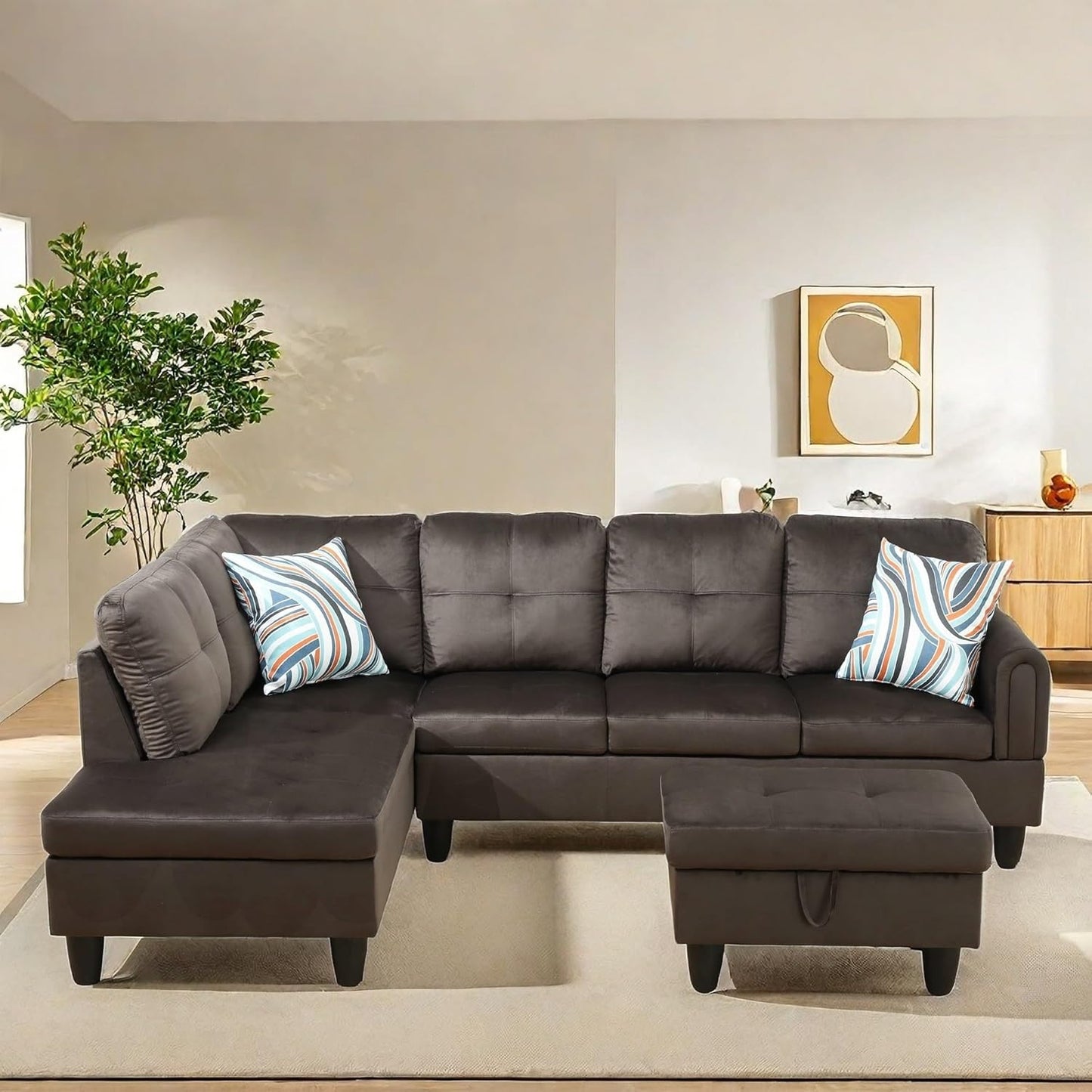 NAYSAYE Sectional Couch with Ottoman Storage, L Shaped Couch Sofa Furniture Sets, Modern Comfy Modular Comfy Sofa for Living Room Bedroom, Office and Apartment, Brown