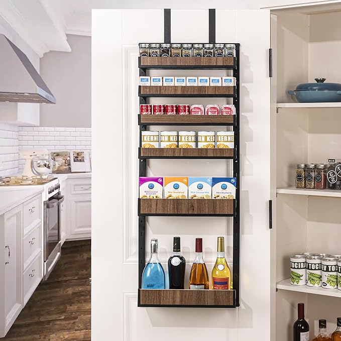 Aquzee Over the Door Pantry Organizer, 6-Tier Spice Rack Wall Mount, with Adjustable Wood Baskets, Metal Mounting/Hanging Behind the Door Organizer Storage for Kitchen, Cabinet and Closet