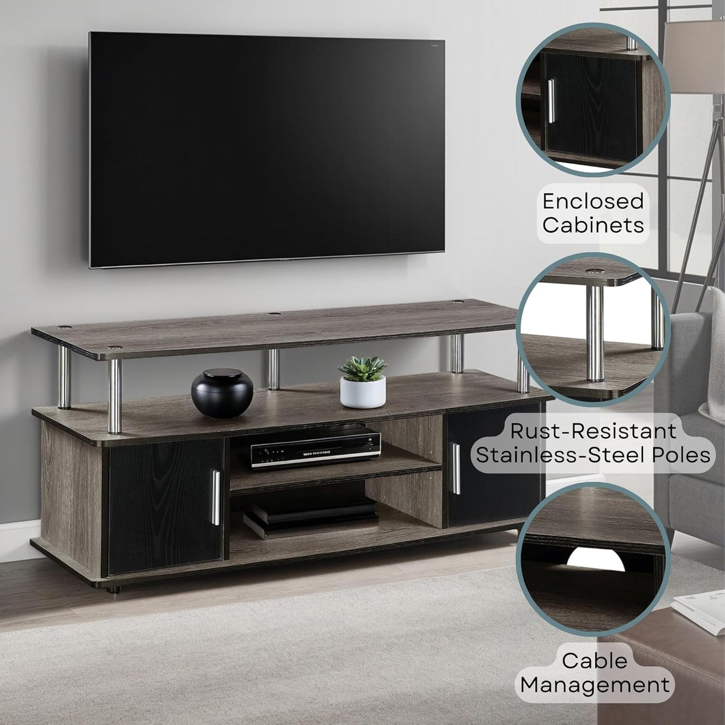 Convenience Concepts Designs2Go Monterey Stand Family Entertainment Center with Storage Cabinets and Shelves, Modern TV Console for Living Room, Office, 47.25", Gray, Black