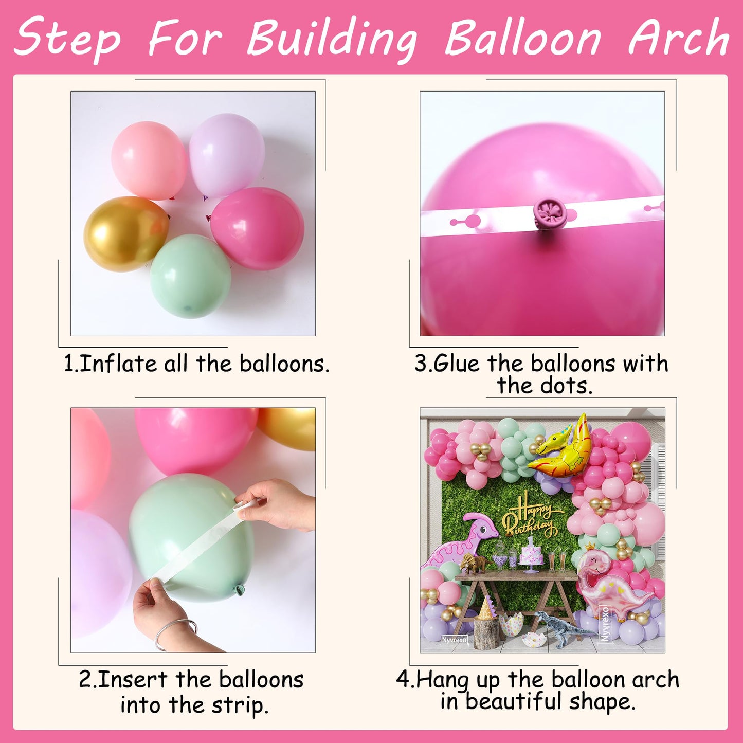 156Pcs Pink Dinosaur Balloon Garland Arch Kit, Pastel Pink Green Purple Metallic Gold Balloons, Large Dinosaur Foil Balloons for Girl Dino theme Birthday Party Jungle Baby Shower Decorations